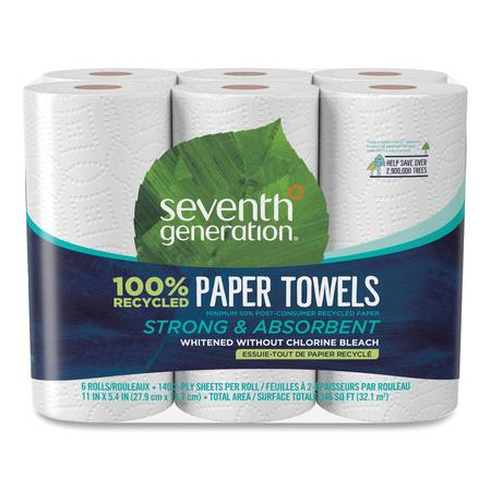 Seventh Generation Perforated Roll Paper Towels, 2 Ply, 140 Sheets, White, 6 PK 13731